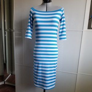 Off Shoulder 3/4 Sleeve Striped Bodycon Dress